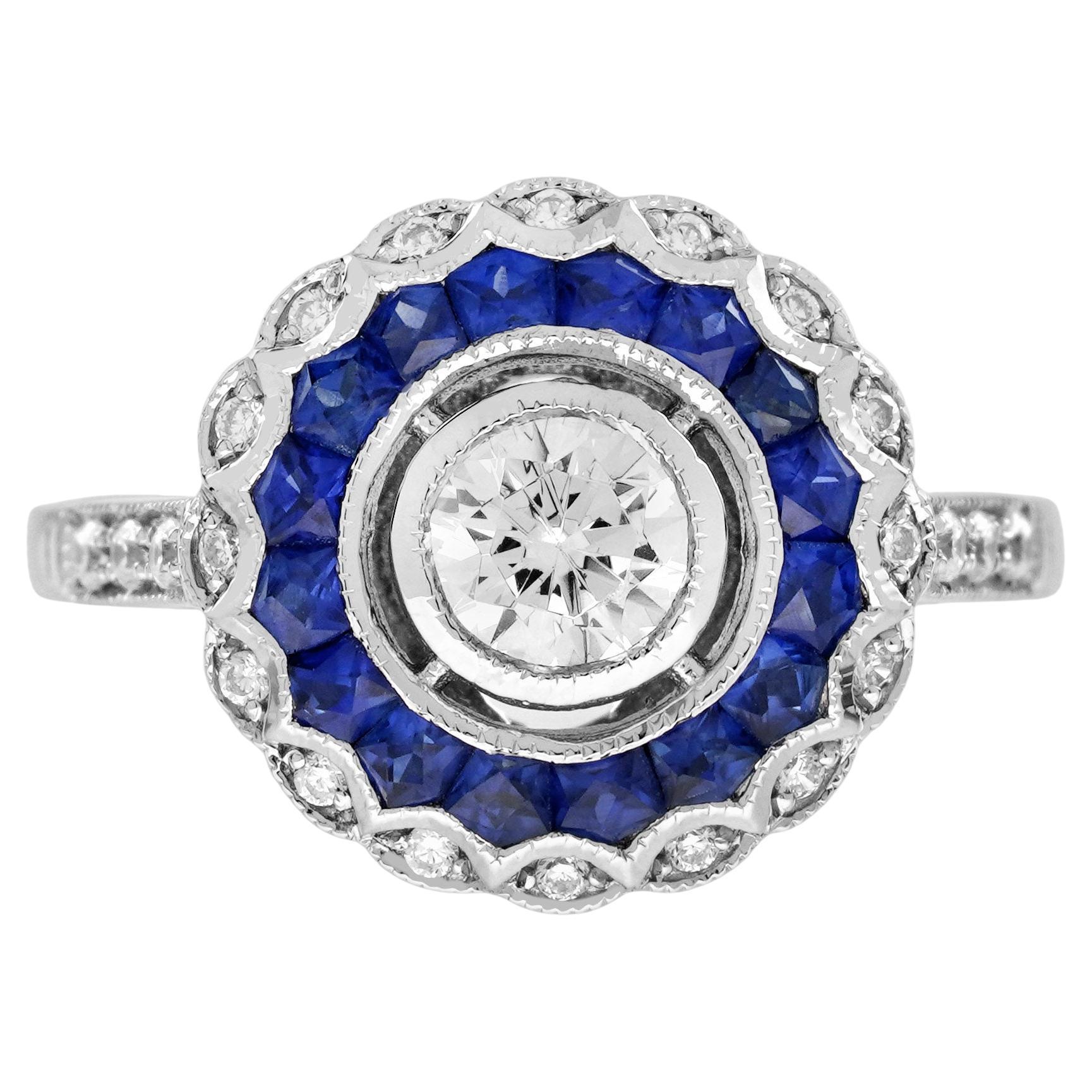 Bague en or blanc 14K avec diamant et saphir bleu, taille fantaisie, style art déco