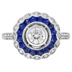 Bague en or blanc 14K avec diamant et saphir bleu, taille fantaisie, style art déco
