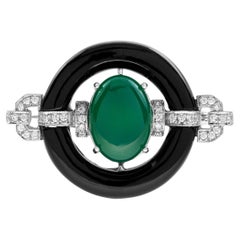 Oval Shape Green Agate & Black Onyx Diamond Art Deco Style White Gold Pin Brooch