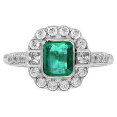 Green Emerald & Diamond Halo Antique Style Engagement 14K White Gold Ring