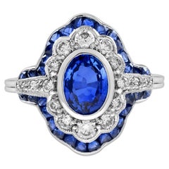Oval Shape Blue Sapphire & Diamond Art Deco Style Statement Ring