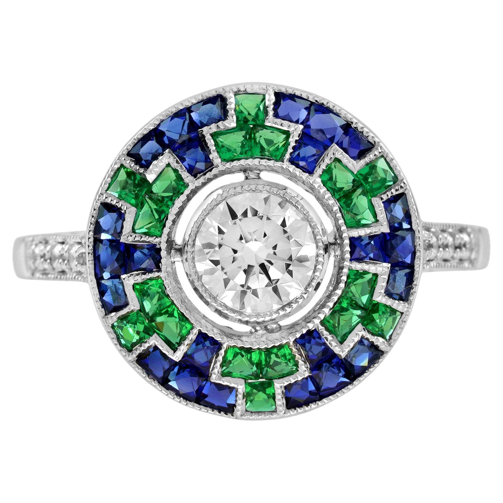 Runder Diamant Blauer Saphir Smaragd Art Deco Stil Mosaikschliff Weißgold Ring im Angebot