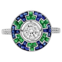 Round Diamond Blue Sapphire Emerald Art Deco Style Mosaic Cut White Gold Ring