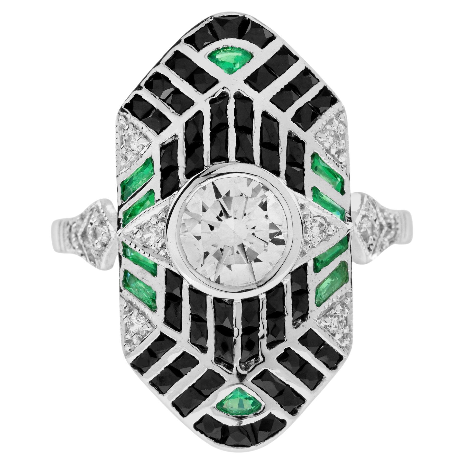 Bague en or blanc 14 carats diamant émeraude onyx style art déco dîner géométrique en vente