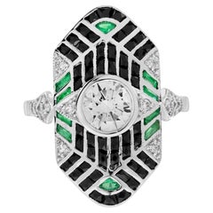 Diamond Emerald Onyx Art Deco Style Geometric Dinner 14K White Gold Ring