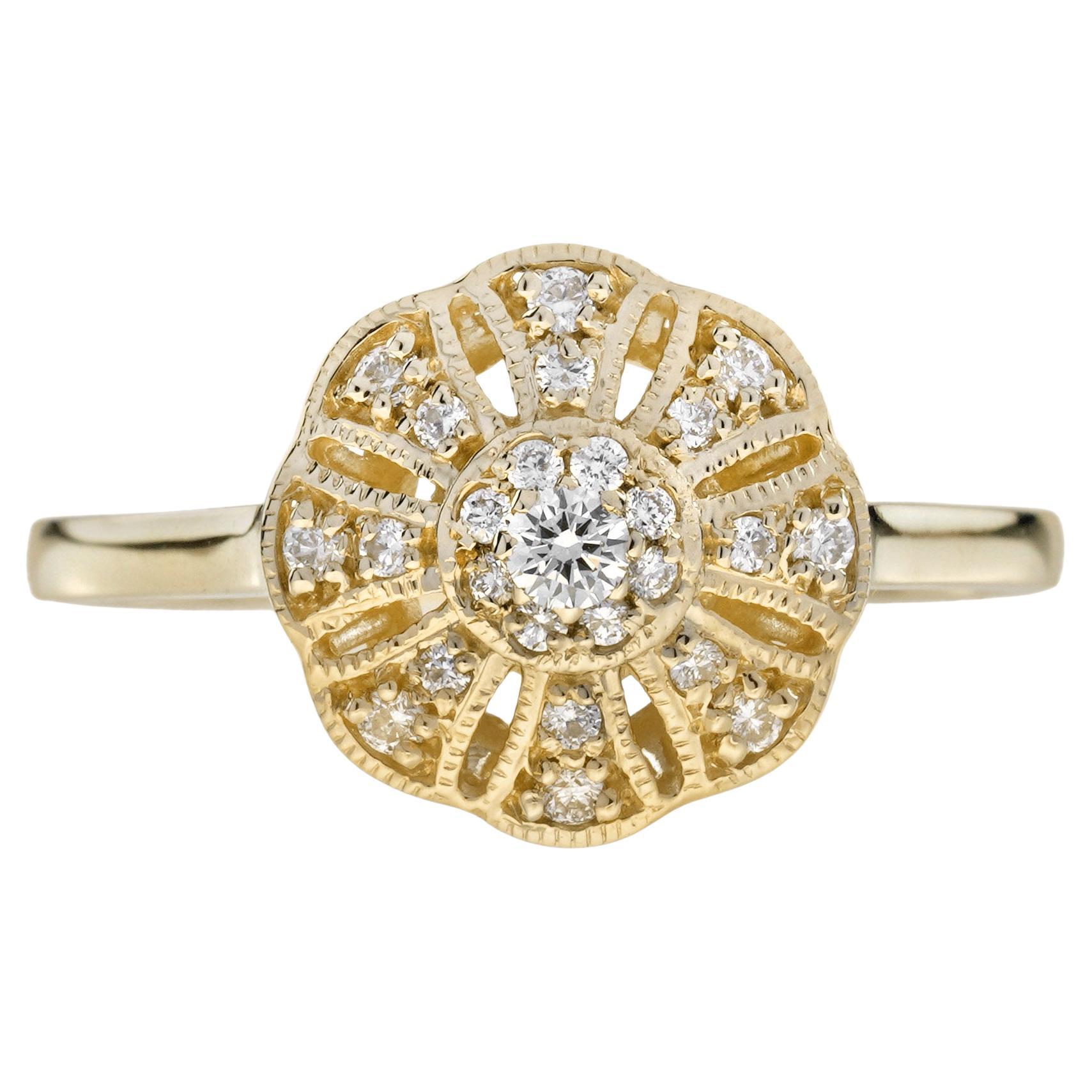 Diamant Vintage Style Floral Cluster 14K Gelbgold Ring