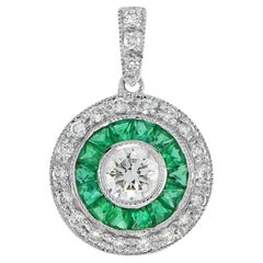 Art Deco Style Brilliant Diamond Green Emerald Fancy Cut Halo White Gold Pendant