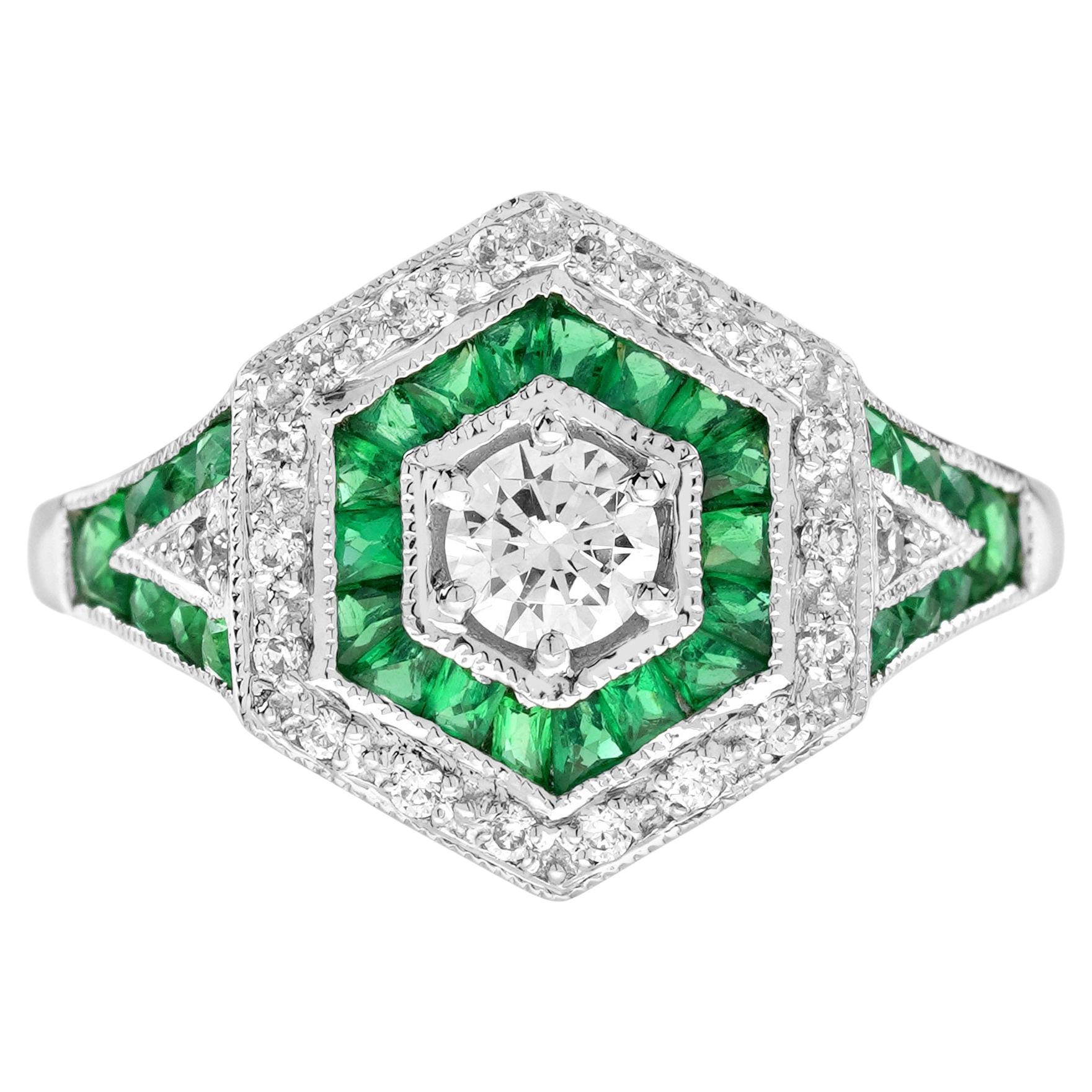 Bague en or blanc 14 carats diamant émeraude style art déco forme hexagonale