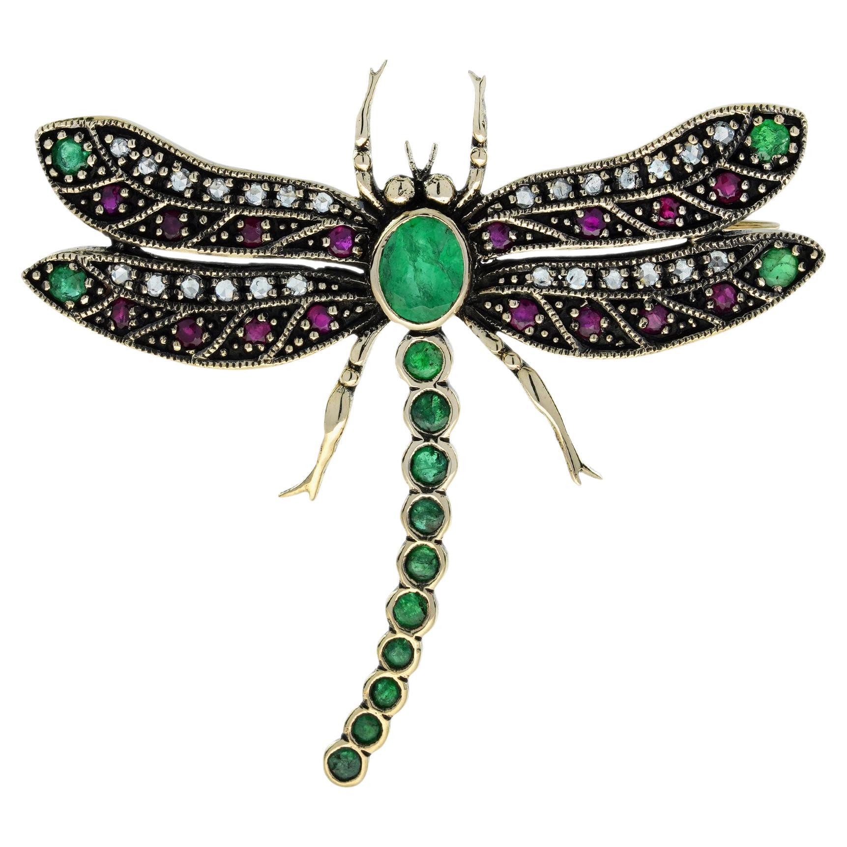 Emerald Ruby Diamond Vintage Style Dragonfly 14K Yellow Gold Brooch