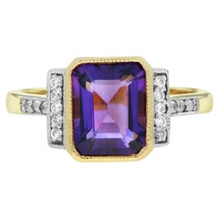 Bague en or blanc jaune 14 carats, taille émeraude, améthyste violette et diamant à l'épaule