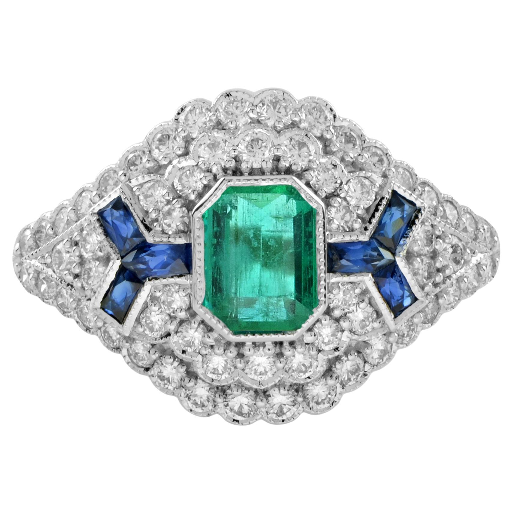 Bague en or blanc 14 carats émeraude saphir diamant style art déco en vente