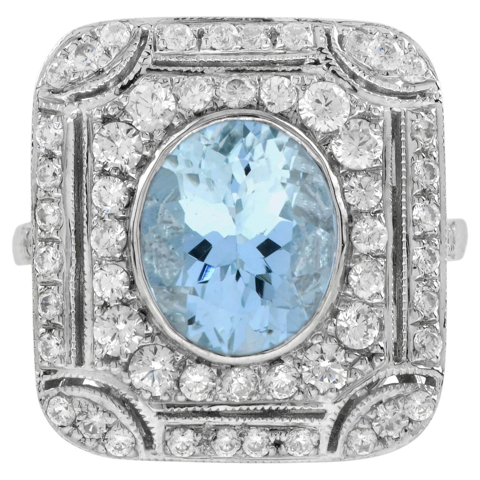 Anello cocktail in oro bianco 14K con acquamarina blu e diamanti di forma ovale in stile Art Deco