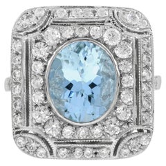 Blue Oval Shape Aquamarine & Diamond Art Deco Style Cocktail 14K White Gold Ring