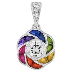 Diamond & Rainbow Sapphire Art Deco Style Floral 14K White Gold Pendant