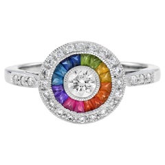 Diamond & Rainbow Sapphire Art Deco Style Mosaic Set Target 14K White Gold Ring