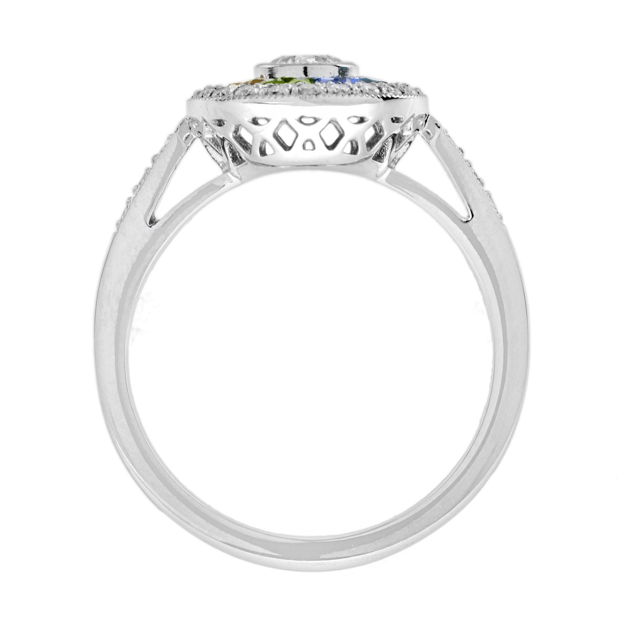 Anello con diamanti e zaffiri arcobaleno in stile Art Deco con set a mosaico Target in oro bianco 14K In condizioni Nuovo in vendita a Oakton, VA