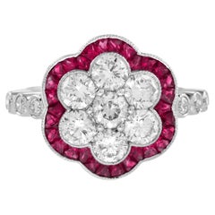 Diamond Cluster & Red Pink Ruby Art Deco Style Flower Floral 14K White Gold Ring