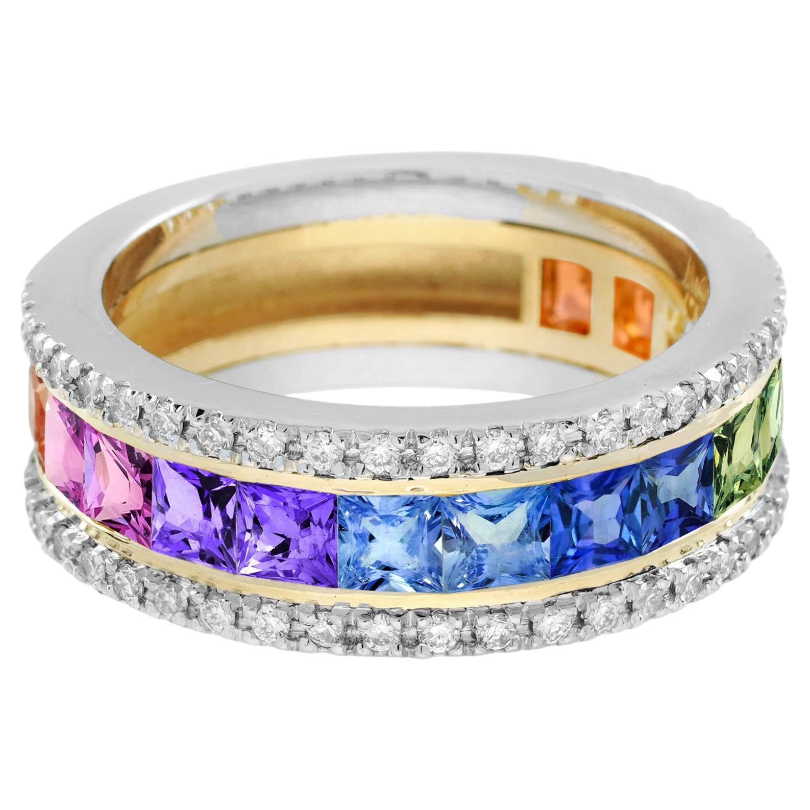 Zaffiro e diamante color arcobaleno Anello classico a mezza eternità a fascia larga in oro in vendita