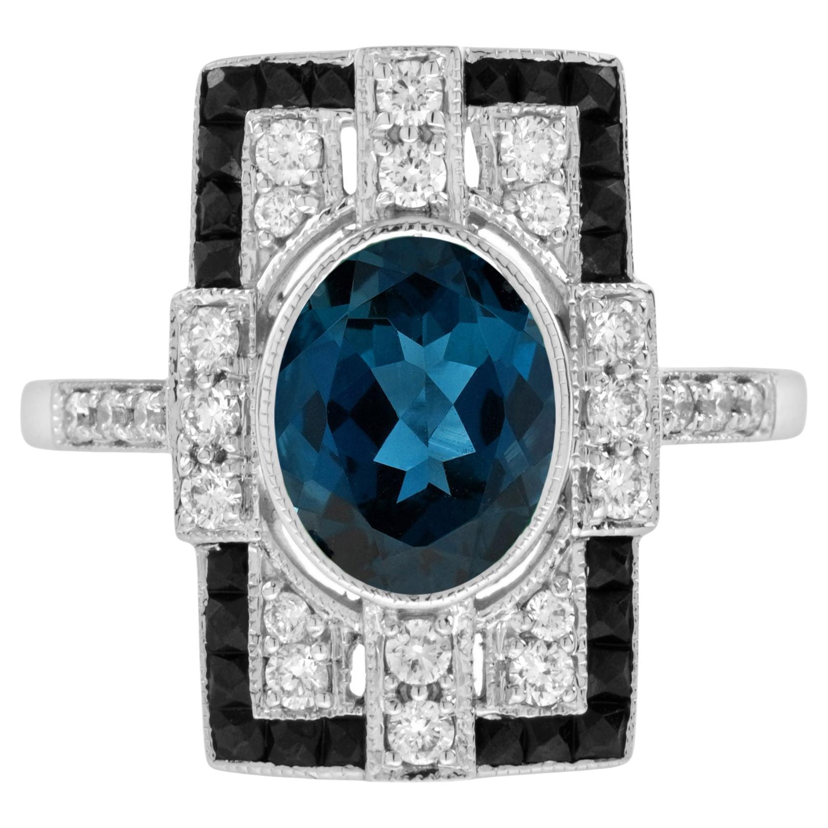 Anello in oro bianco 14 carati in stile Art Deco con Topazio Blu di Londra, Diamante e Onice Nera in vendita
