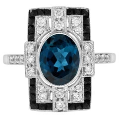 Anello in oro bianco 14 carati in stile Art Deco con Topazio Blu di Londra, Diamante e Onice Nera