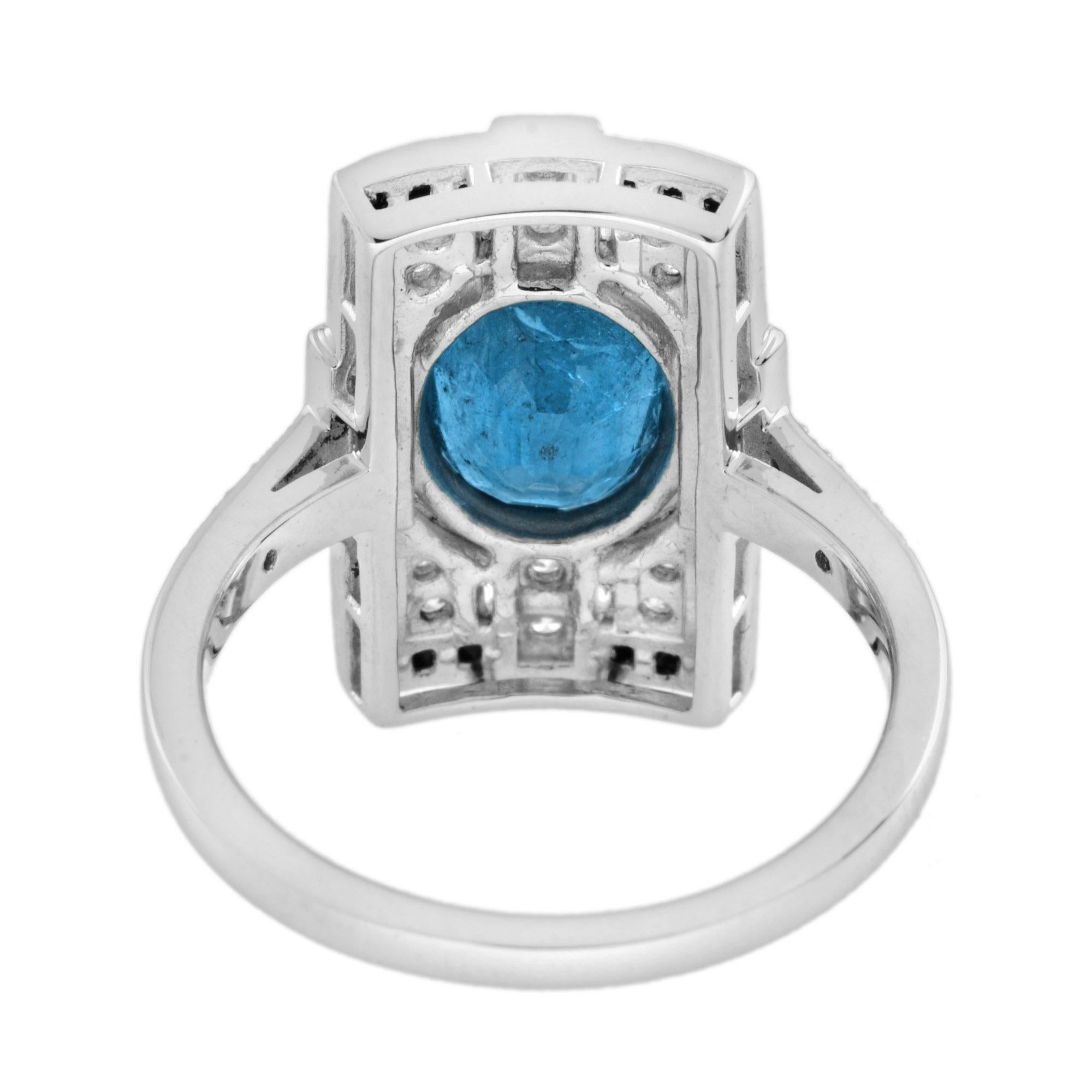 Taglio ovale Anello in oro bianco 14 carati in stile Art Deco con Topazio Blu di Londra, Diamante e Onice Nera in vendita