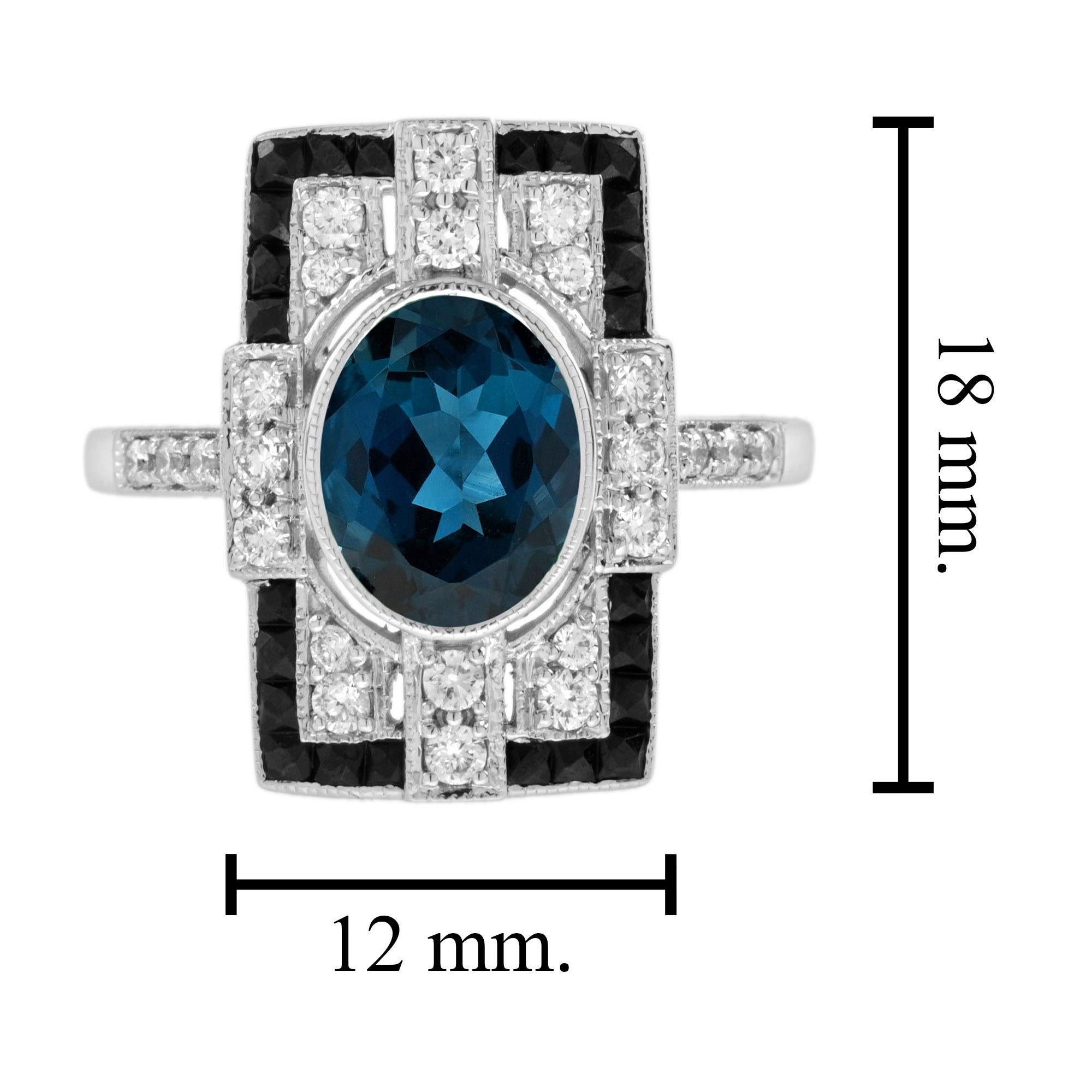 Anello in oro bianco 14 carati in stile Art Deco con Topazio Blu di Londra, Diamante e Onice Nera In condizioni Nuovo in vendita a Oakton, VA