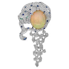 Snow White Leopard Pave & Opal Diamond Sapphire Emerald White Gold Pin Brooch