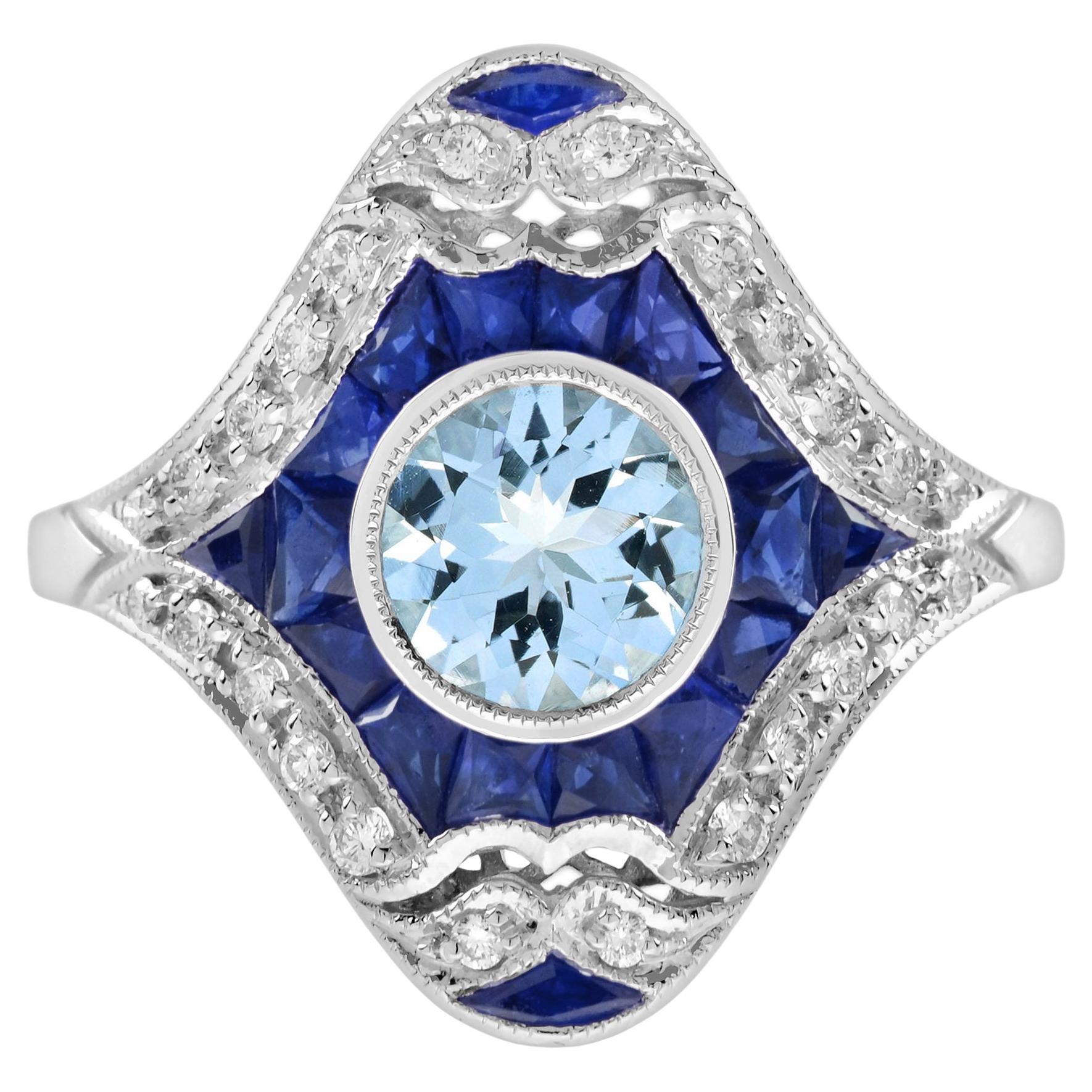 Anello con acquamarina, zaffiro blu e diamante in stile Art Deco per la cena in oro bianco 14 carati