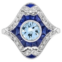 Aquamarine & Blue Sapphire and Diamond Art Deco Style Dinner 14K White Gold Ring