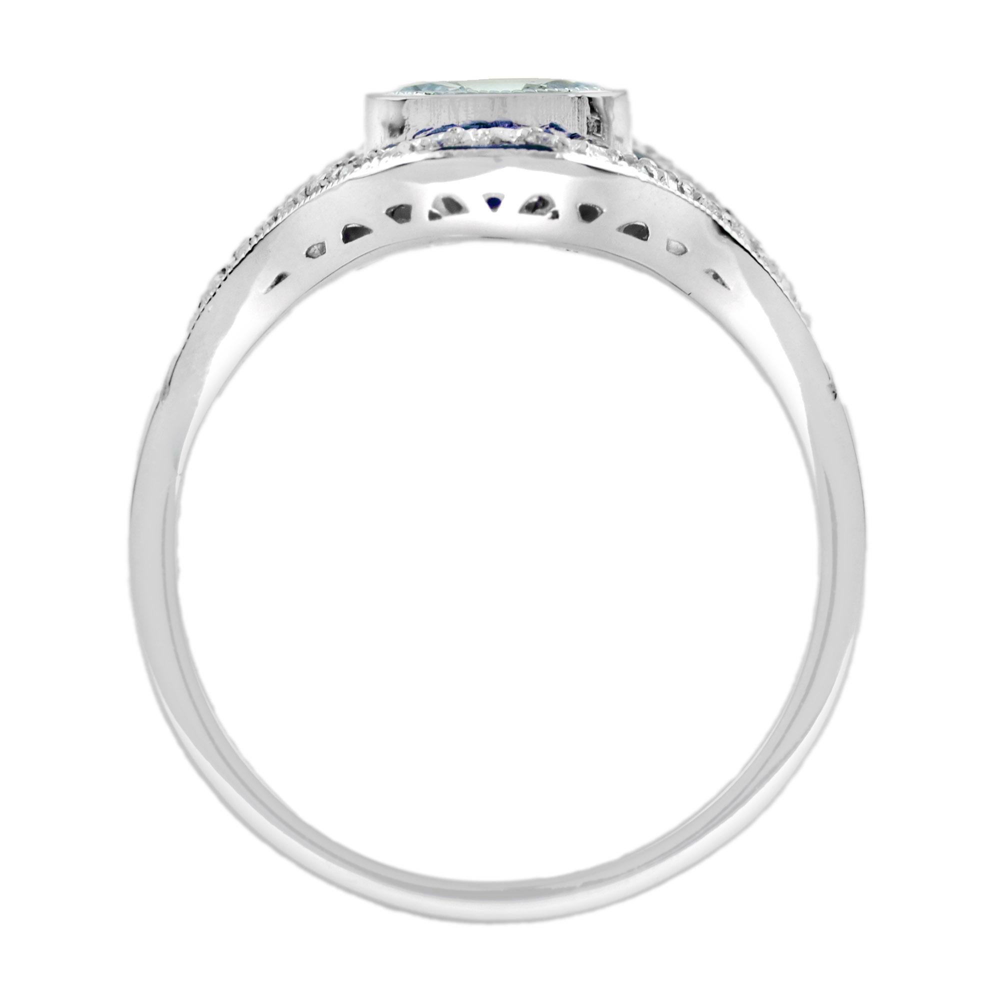 Bague en or blanc 14 carats aigue-marine, saphir bleu et diamant de style Art déco Pour femmes en vente