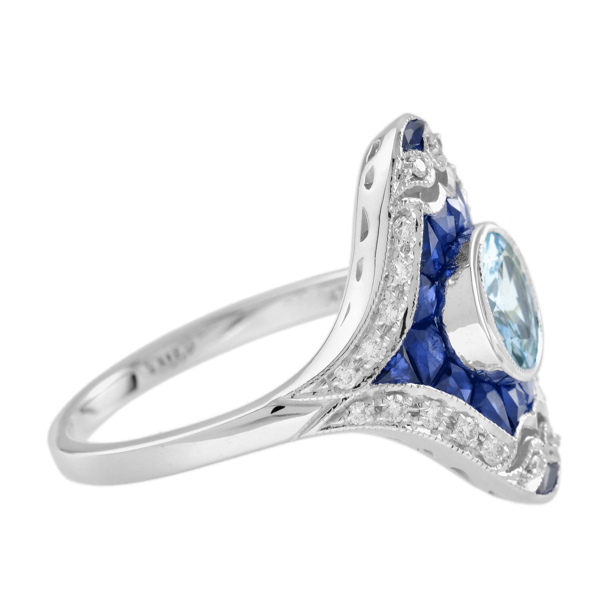 Taille ronde Bague en or blanc 14 carats aigue-marine, saphir bleu et diamant de style Art déco en vente