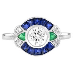 Round Diamond & Sapphire and Emerald Art Deco Style 18K White Gold Ring