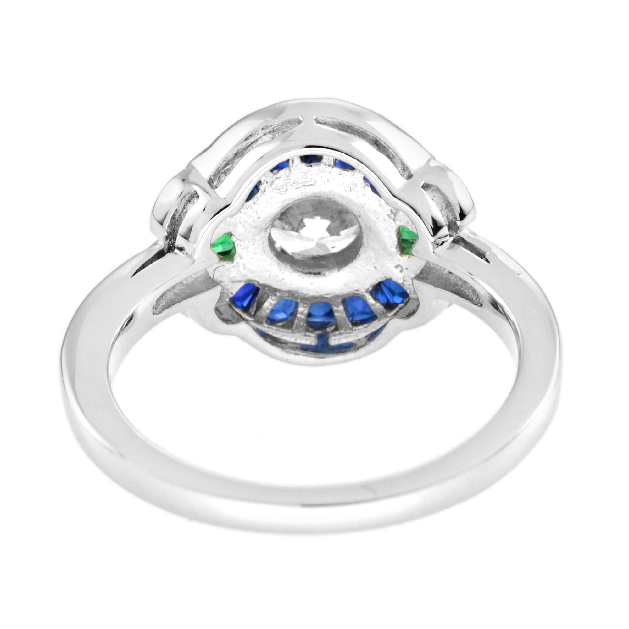 Taglio rotondo Anello con diamante rotondo, zaffiro e smeraldo in stile Art Deco in oro bianco 18 carati in vendita
