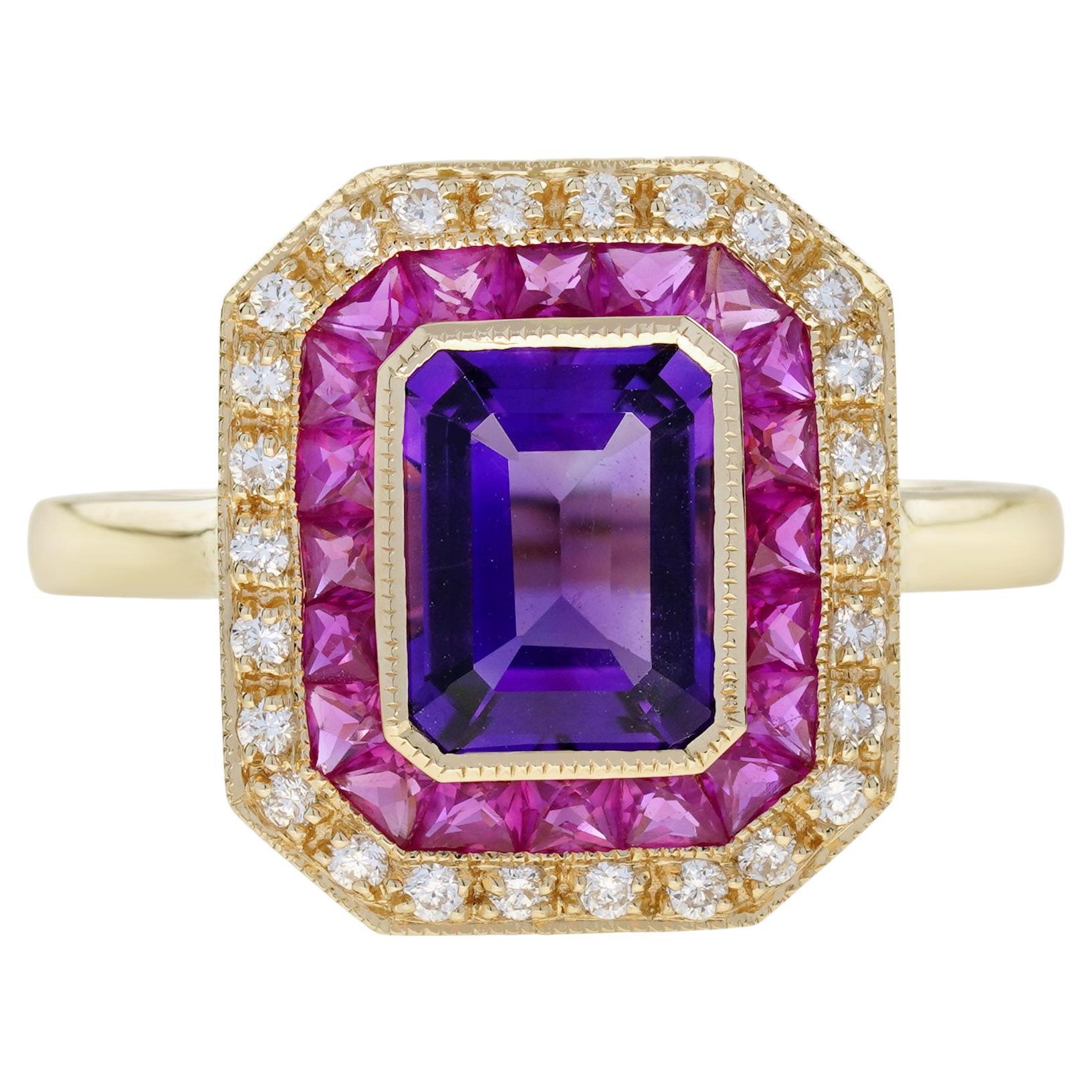 Bague en or de style Art déco avec améthyste violette, rubis et diamants sertis en halo en vente