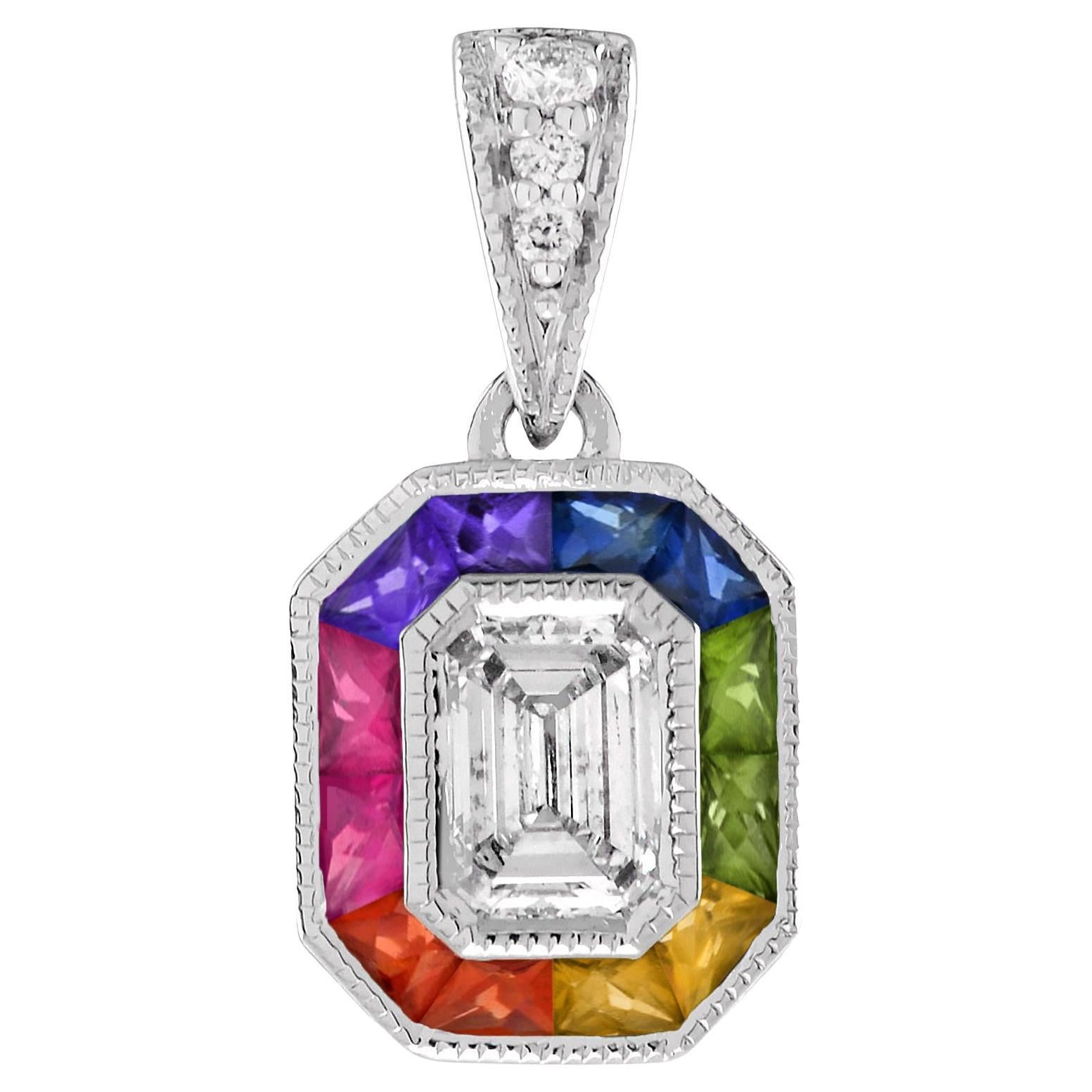 Ciondolo con diamante e zaffiro colorato a raggiera in stile Art Deco in oro bianco 14 carati in vendita