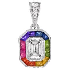Diamond Rainbow Colored Sapphire Halo Set Art Deco Style 14K White Gold Pendant