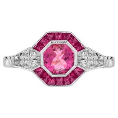 Turmalina rosa y rubí Diamante talla halo Estilo Art Déco Anillo de oro blanco