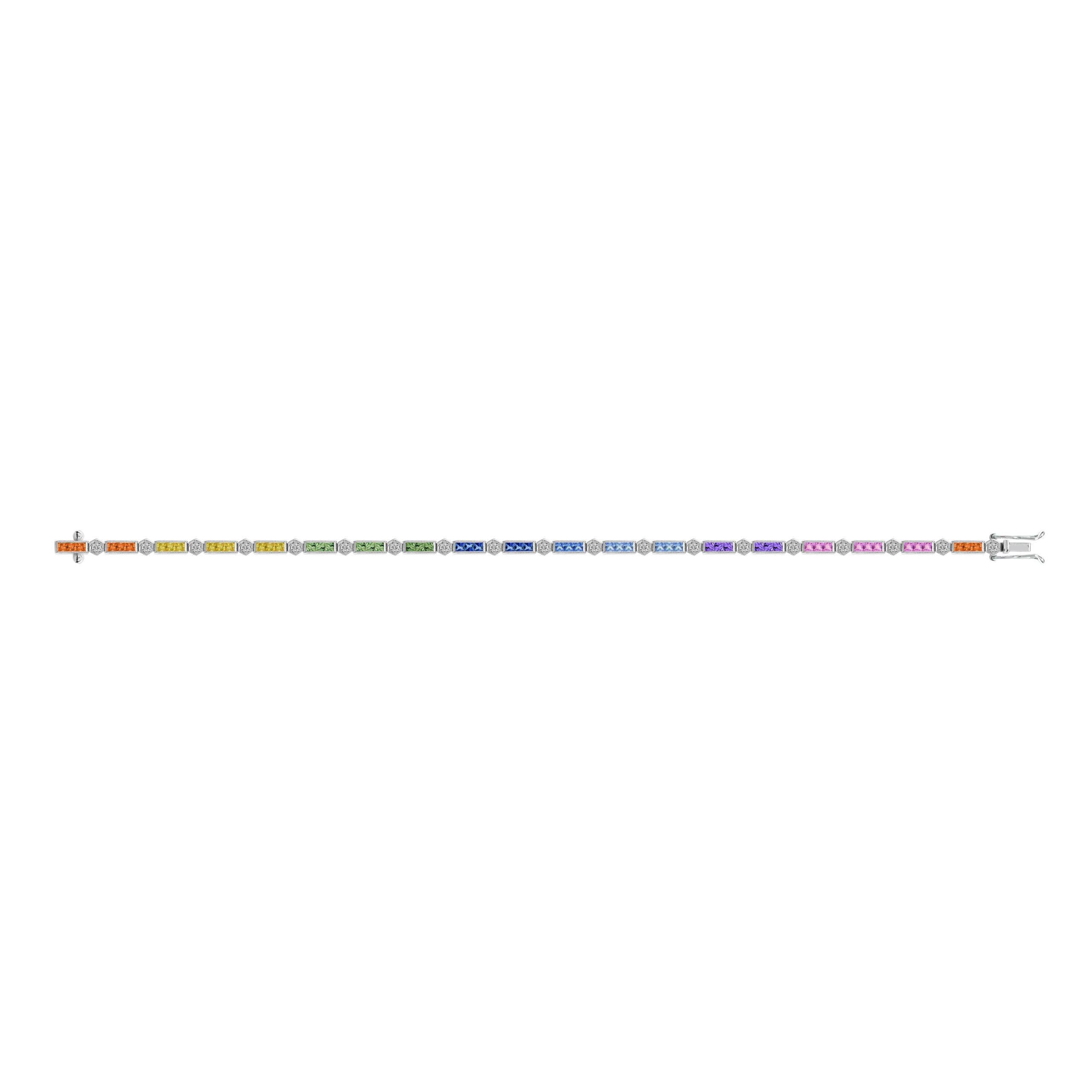 Diamante Cuadrado Color Arco Iris Zafiro Tenis Line Link Pulsera Oro Blanco en venta 1