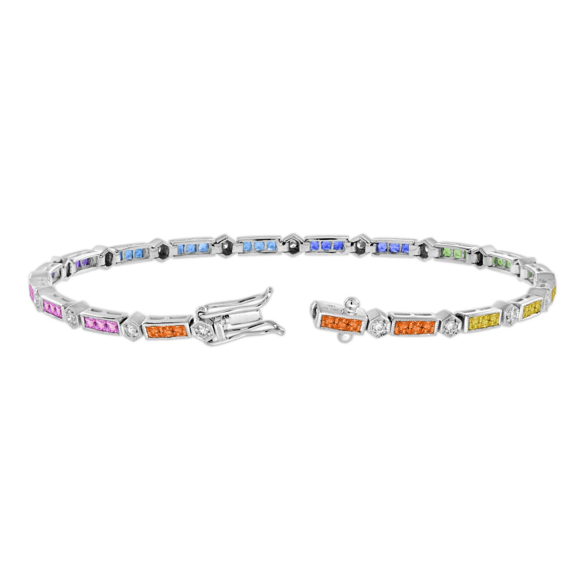 Diamante Cuadrado Color Arco Iris Zafiro Tenis Line Link Pulsera Oro Blanco Art Decó en venta