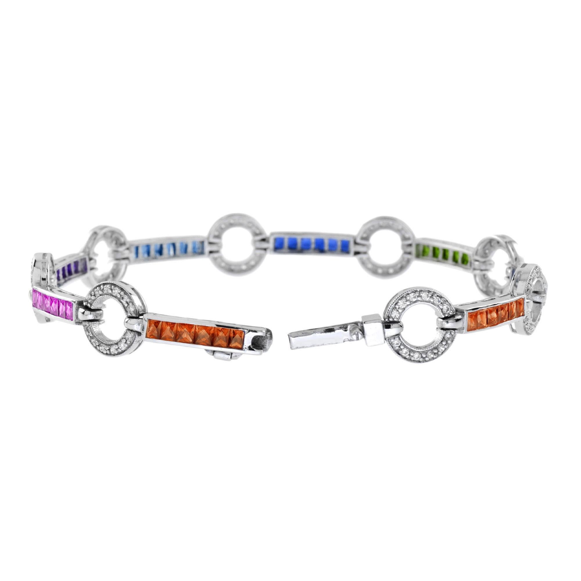 Diamond Square Rainbow Color Sapphire Donut Round Link Tennis Line Pulsera de Oro Corte brillante en venta