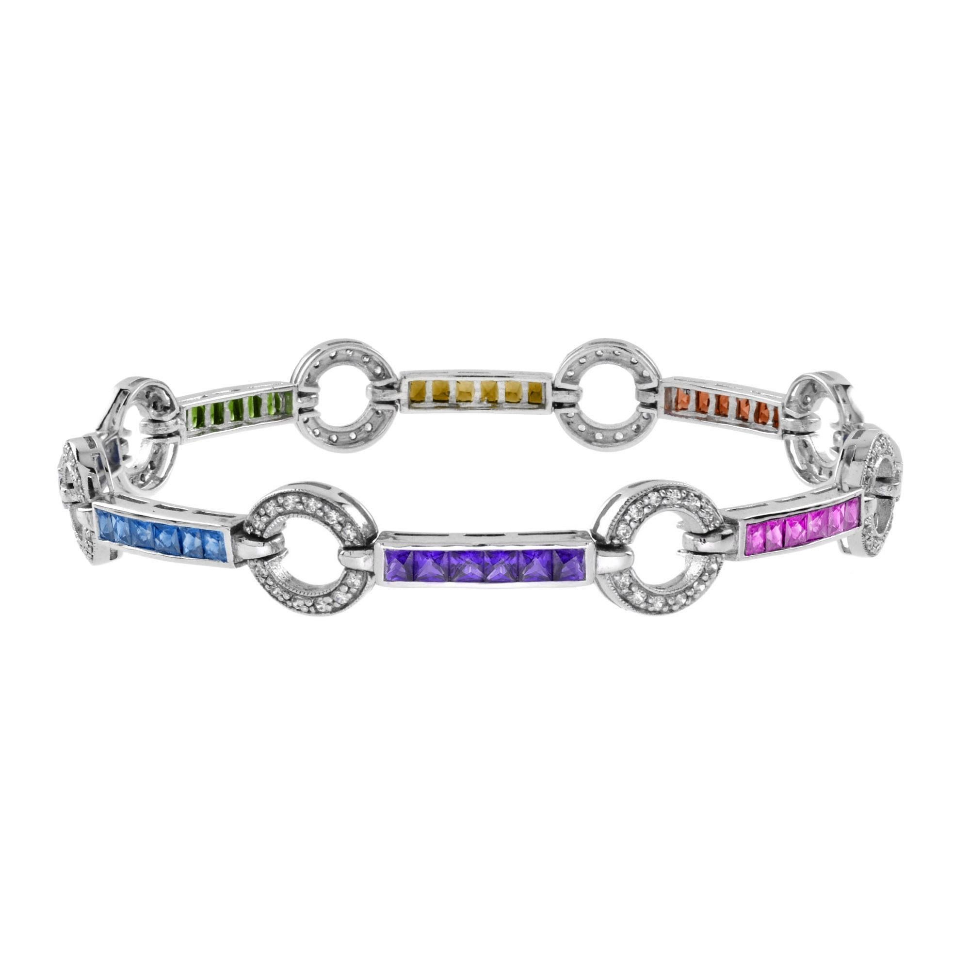 Diamond Square Rainbow Color Sapphire Donut Round Link Tennis Line Pulsera de Oro Art Decó en venta