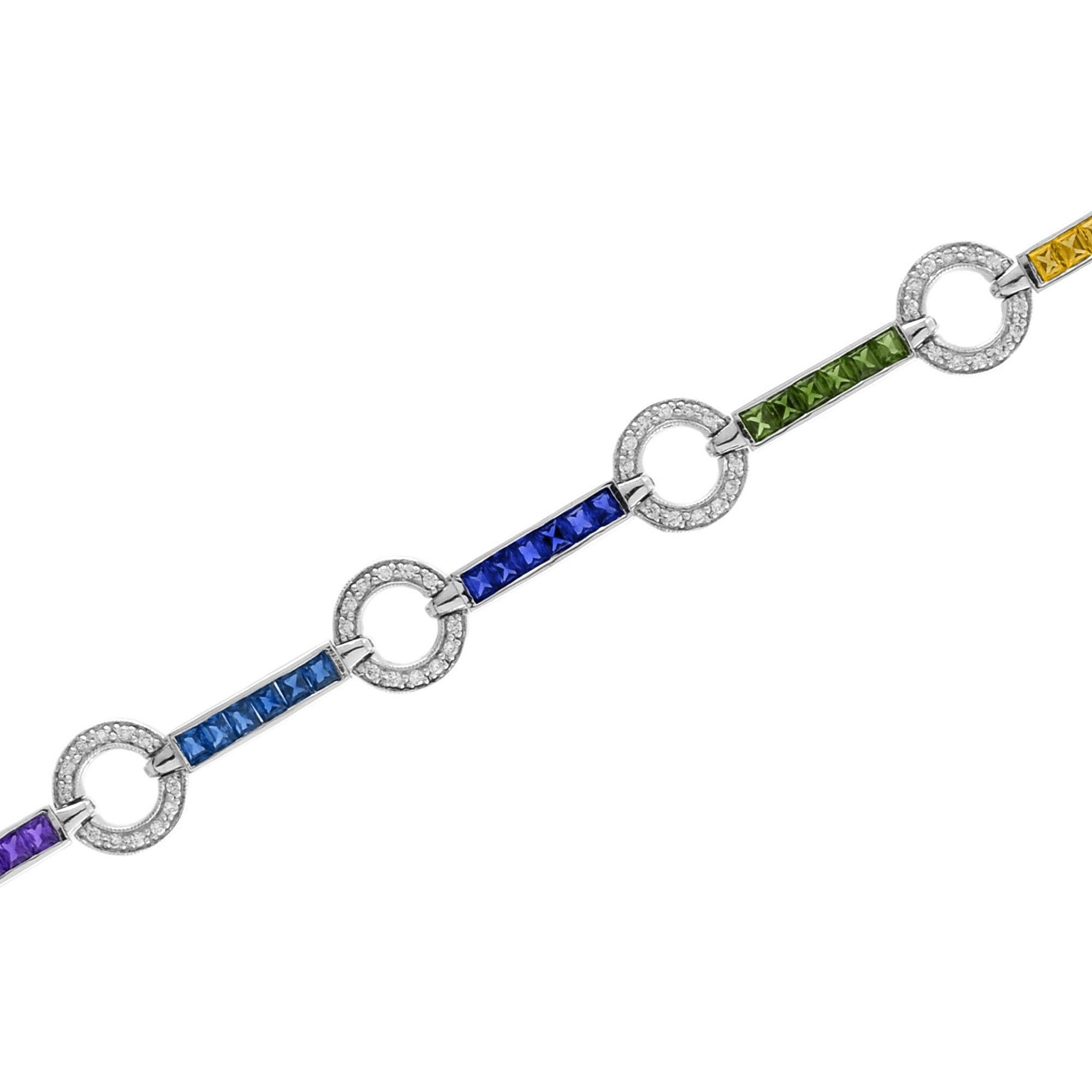 Diamond Square Rainbow Color Sapphire Donut Round Link Tennis Line Pulsera de Oro en venta 1