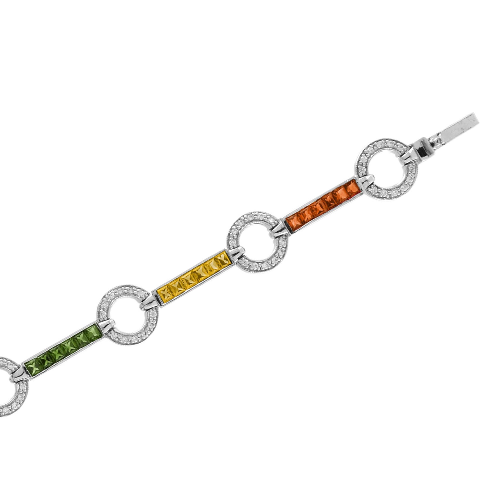 Femenino o masculino Diamond Square Rainbow Color Sapphire Donut Round Link Tennis Line Pulsera de Oro en venta