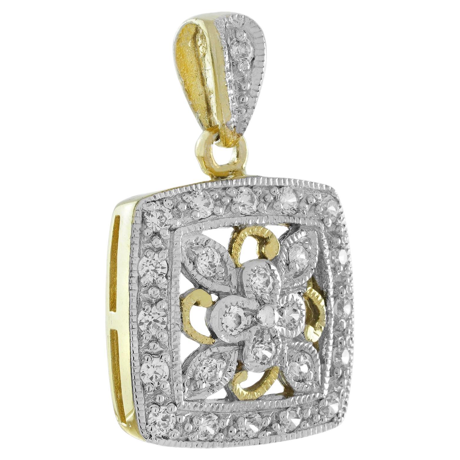 Diamond Vintage Style Floral Cluster Square Anhänger in zwei Tone Gold im Angebot