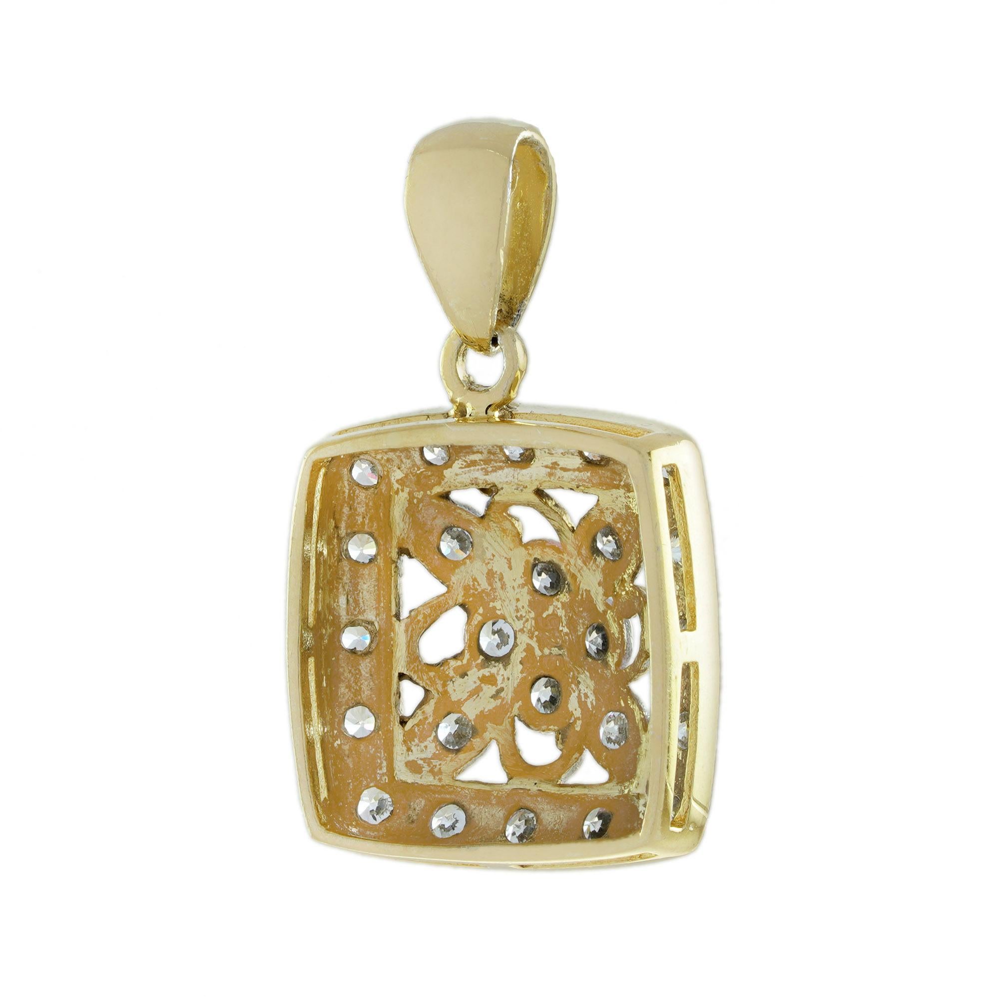 Diamond Vintage Style Floral Cluster Square Anhänger in zwei Tone Gold im Zustand „Neu“ im Angebot in Oakton, VA