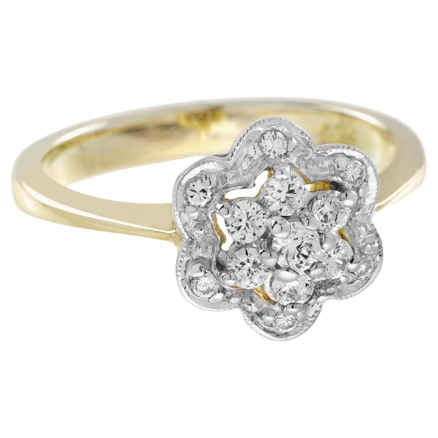 Diamond Vintage Style Floral Cluster Verlobungsring in zwei Tönen Gold