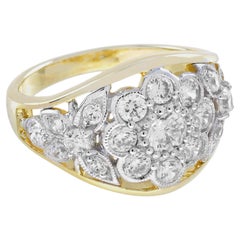 Diamond Cluster Edwardian Floral Style Dome Ring in Two Tone Gold