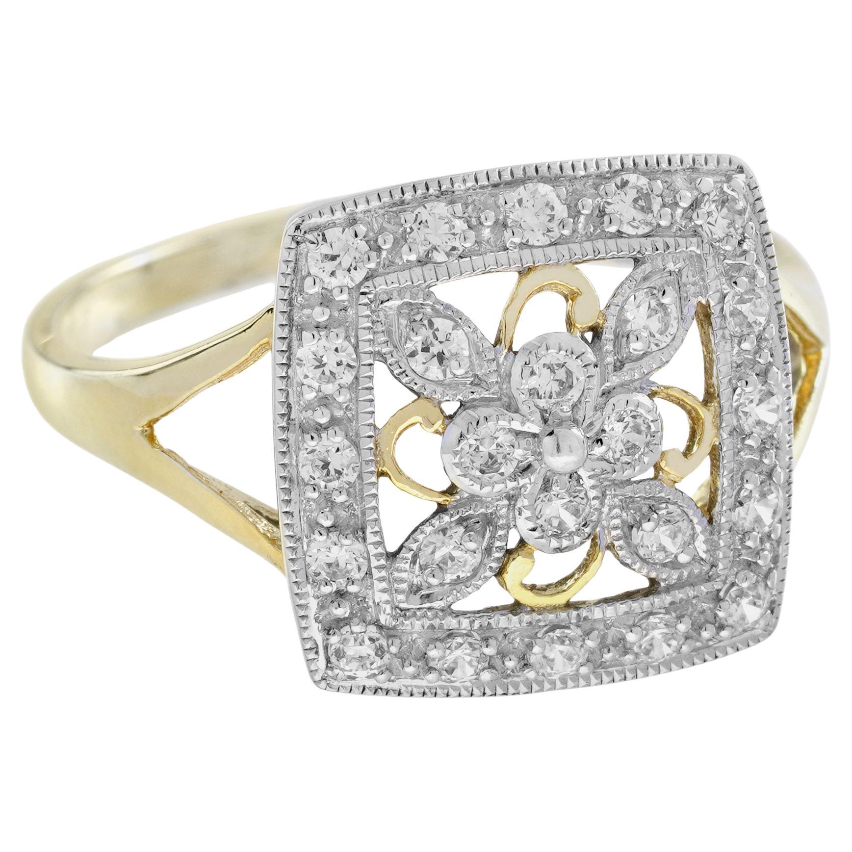 Diamant Vintage Style Floral Cluster Square Ring in zwei Tone Gold im Angebot
