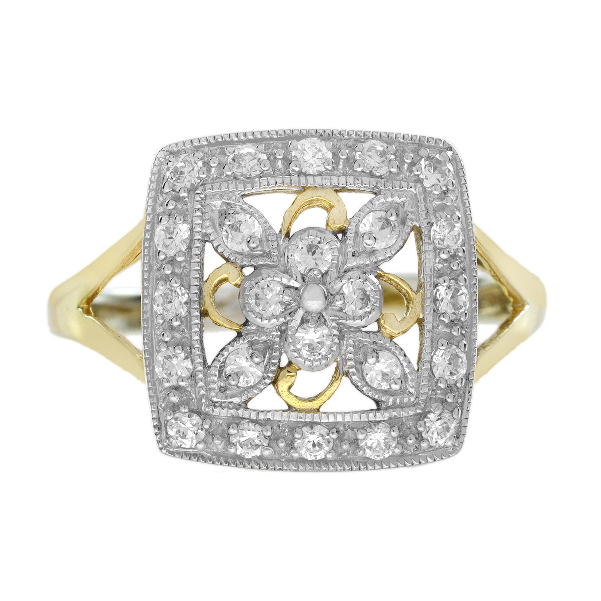 Diamant Vintage Style Floral Cluster Square Ring in zwei Tone Gold (Edwardian) im Angebot