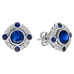 Blue Sapphire & Diamond Art Deco Style Target Stud 14K White Gold Earrings